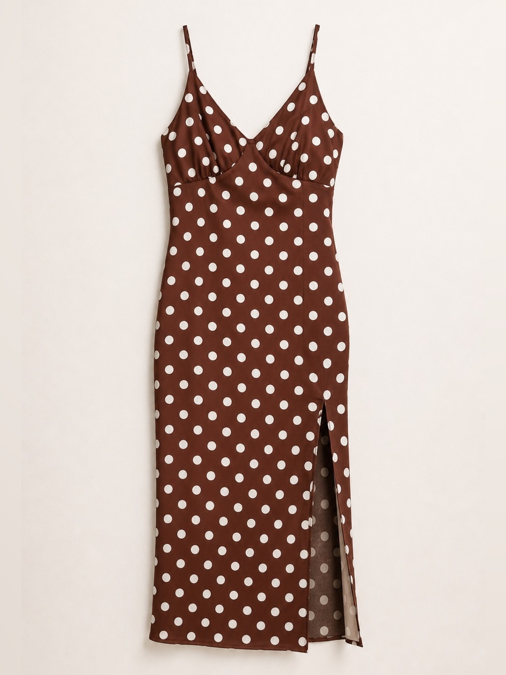 Cynthia Rowley Brown White Polka Dot Satin Midi Slip Dress Size Large